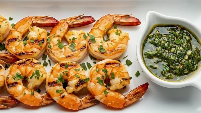 A mouth-watering overhead shot displays perfectly grilled, golden-brown shrimp arranged elegantly on a pristine white rectangular platter. Each succulent prawn boasts distinct char marks and is genero