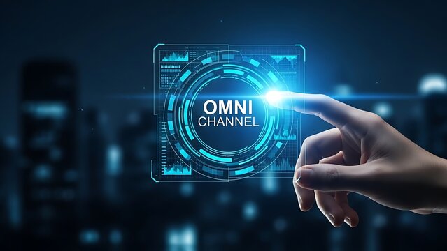 Futuristic interface concept with a hand interacting with a glowing digital omnichannel display in a blurred cityscape - Powered by Adobe
