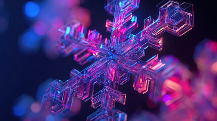 Abstract neon snowflake with geometric patterns shines against dark background, vibrant purple and pink tones. Stylish digital winter art