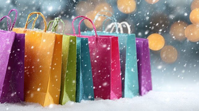 Colorful shopping bags on snowy background with falling snowflakes and blurred lights, perfect for winter sale promotions and holiday marketing concepts - Powered by Adobe