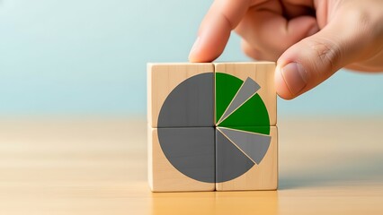 Hand placing final piece of wooden puzzle representing a pie chart symbolizing business growth and strategy