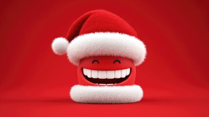 Cheerful Red Smiley Face with Santa Hat Against a Bright Red Background for Festive Joy and Holiday Spirit in Merry Celebrations and Christmas Themes