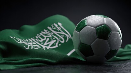 Soccer ball resting on a Saudi Arabian flag with green fabric and white text in a low light setting