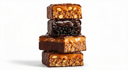 Pieces of protein bar stacked on top of each other with a caramel flavor and caramel dripping on them