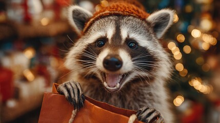 Adorable raccoon wearing a cozy knit hat gleefully holding a gift bag amidst festive holiday decorations with warm lights creating a joyful atmosphere.