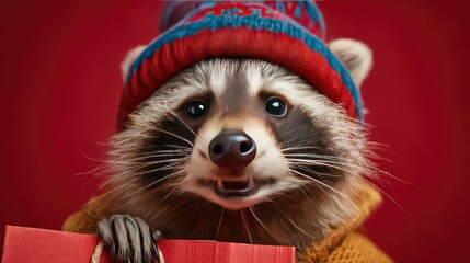 Adorable raccoon wearing a colorful winter hat and a cozy sweater, joyfully holding a red gift box, perfect for holiday themes and seasonal celebrations