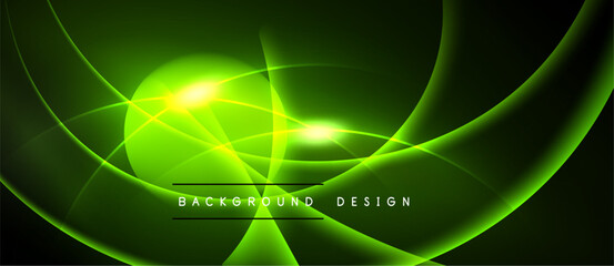Bright green abstract design. Dynamic curves, light flares create energetic visual effect. Dark background emphasizes glowing elements.
