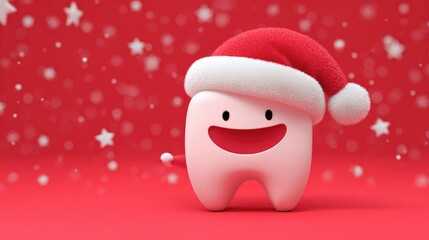 Cheerful Cartoon Tooth Character Wearing Santa Hat in Festive Holiday Setting Surrounded by Snowflakes and Stars for Christmas Celebration and Dental Awareness Campaigns