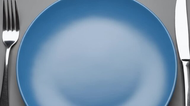 A pristine, empty blue dinner plate is centrally positioned on a clean grey background, flanked by a polished silver fork on the left and a sharp silver knife on the right. This minimalist top-down sh