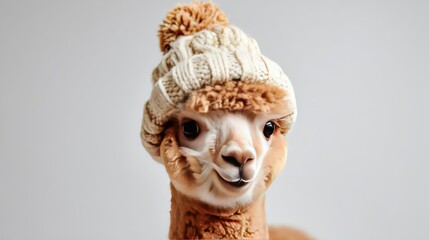 Obraz premium Adorable alpaca wearing a cozy knitted hat with pom-pom, showcasing a playful and charming expression, perfect for animal lovers and winter-themed projects.