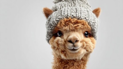 Obraz premium Adorable alpaca wearing a cozy knitted hat, showcasing a charming expression and fluffy fur, perfect for cute animal themed projects and seasonal decorations.