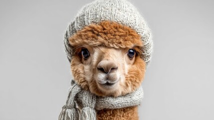 Obraz premium Adorable Alpaca Wearing Cozy Knitted Hat and Scarf, Captivating Furry Fashion for Unique and Fun Winter-themed Photography Collection