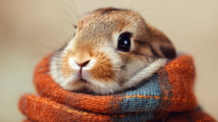 Adorable rabbit nestled in a cozy orange and teal scarf, showcasing the charm of small animals in winter attire for a heartwarming touch