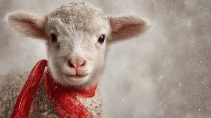 Adorable Young Lamb with a Red Ribbon Against a Soft Snowy Background, Capturing the Essence of Winter and Festivity in a Heartwarming Portrait
