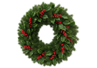 A luxurious, photorealistic christmas wreath of deep green fir and glossy holly with crimson berries, macro detailed against a seamless gray backdrop. Concept for luxury holiday advertising