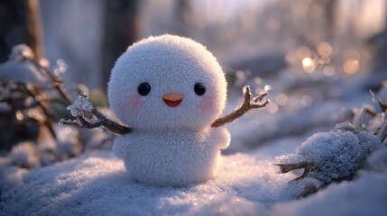 Adorable fluffy snow creature stands cheerfully in a winter wonderland, surrounded by a glistening icy landscape, capturing the magic of snowy days and joy of childhood playfulness.