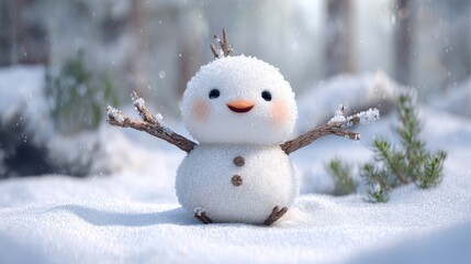Cheerful Snowman Character Surrounded by Winter Wonderland with Gleaming Snowflakes and Pine Trees in the Background, Perfect for Seasonal Celebrations and Holiday Themes