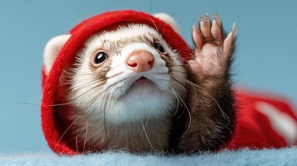 Cute and Playful Ferret Waving with Adorable Expression in Cozy Red Blanket Against Soft Blue Background
