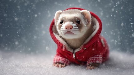 Adorable Ferret in a Red Winter Coat Playing in the Snow During a Magical Snowfall Captured in a Stunning Winter Wonderland Setting