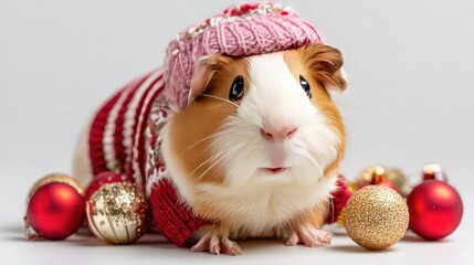 Adorable guinea pig wearing a festive knit sweater and pink hat, surrounded by shiny holiday ornaments, evoking a playful and cozy Christmas spirit for pet lovers.