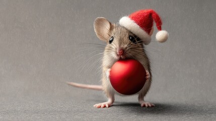 Adorable mouse wearing a Santa hat holding a red Christmas ornament on a textured gray background, perfect for holiday-themed designs and seasonal celebrations.