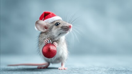 Adorable Mouse in Santa Hat Holding Christmas Ornament, Perfect for Holiday Themes, Cute Animals, Seasonal Decor, and Festive Celebrations