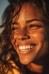 smiling woman in sunlight, natural skin