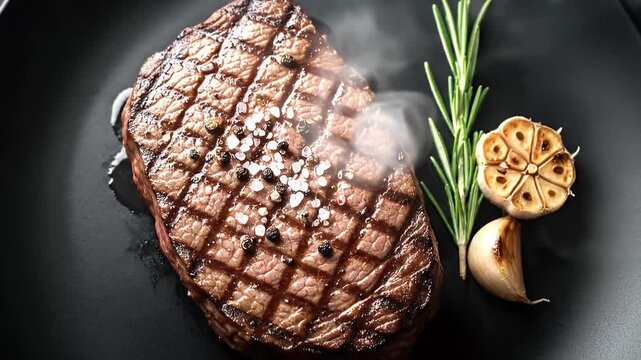 A sizzling, perfectly grilled steak rests on a dark, elegant plate, emitting wisps of steam that signify its freshness and warmth. Adorned with a vibrant sprig of fresh rosemary and fragrant roasted g