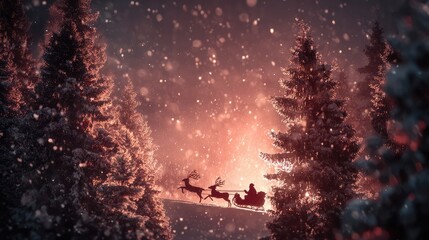 Enchanted Winter Scene with Silhouetted Reindeer and Sleigh Gliding Through a Snowy Forest Surrounded by Glistening Snowflakes and Warm Glowing Light