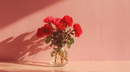 Red roses bouquet in vase with sunlight creating shadows
