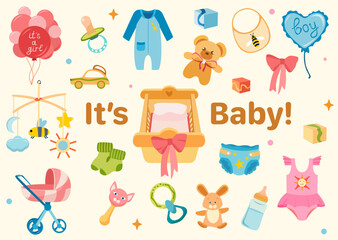 Baby set with crib, stroller, romper, toys, pacifier, bottle, diapers, balloons and bows. For baby shower invitations, cards and banners.
