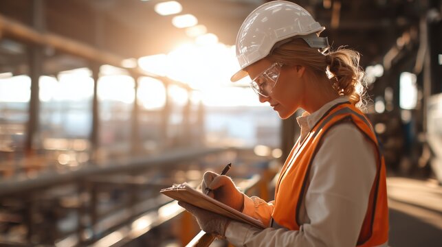 Worker in safety gear takes notes in a busy industrial setting during daylight hours