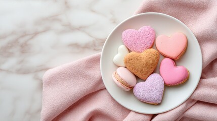 Heart-shaped macarons and pink desserts for romance concept