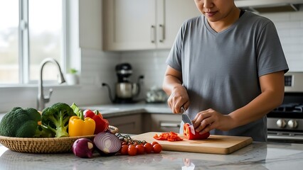 A person is chopping red bell pepper on a wooden cutting board in a bright kitchen with fresh vegetables in a basket.