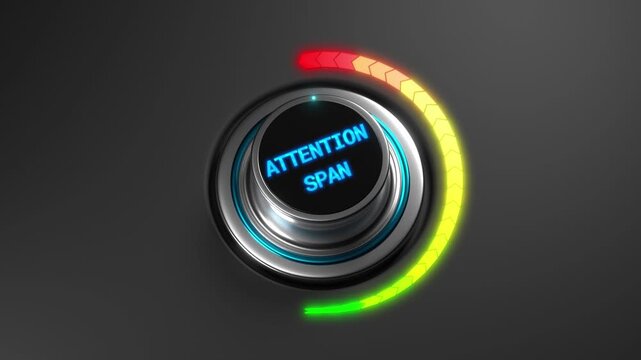 Animated attention span level gauge rising from green to red. Ideal for focus training, concentration analysis, productivity concepts, mental performance, and psychology visuals.