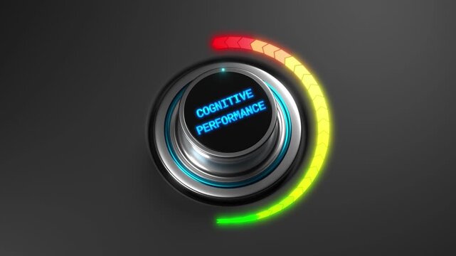 Animated cognitive performance level gauge rising from green to red. Ideal for brain health concepts, focus training, mental efficiency, productivity analysis, and psychology visuals.