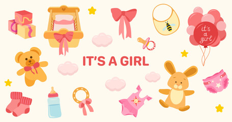 Baby girl set with crib, toys, pacifier, bottle, diaper, socks, bows, gifts and balloons. For baby shower invitations, cards and banners.