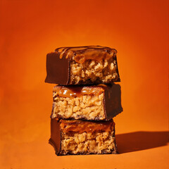 Pieces of protein bar stacked on top of each other with a caramel flavor and caramel dripping on them