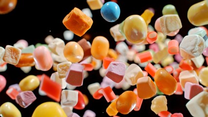 Freeze motion of flying candies up in the air isolated on black background