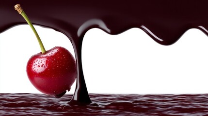 A ripe cherry hangs above a glossy pool of rich, melted chocolate, enticing the senses with its vibrant color and smooth texture, perfect for a sweet indulgence