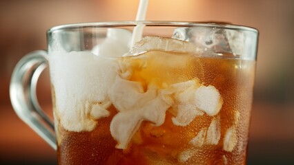 Macro Shot of Pouring Milk into Ice Coffee, Close-up