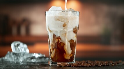 Macro Shot of Pouring Milk into Ice Coffee, Close-up