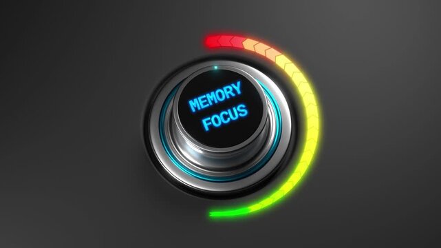 3D animation of a rising memory focus level on a color dial from green to red. Ideal for brain health, concentration, productivity, or learning visuals