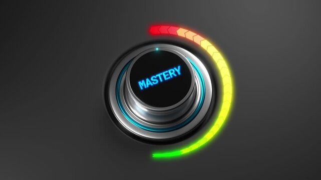 3D animation of a rising mastery level on a color dial from green to red
