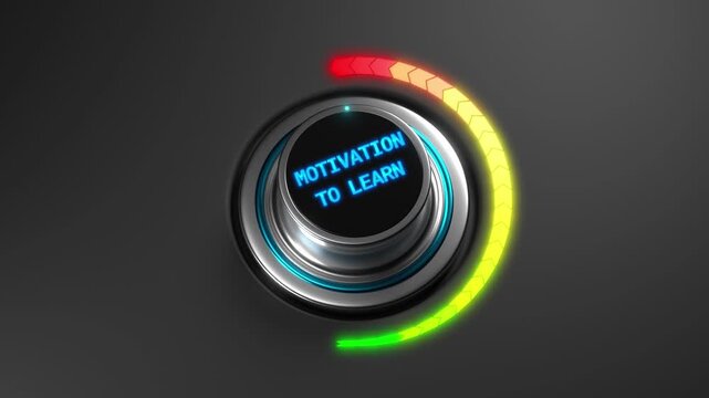 3D animation of a rising motivation to learn level on a color dial from green to red. Ideal for education, self development, learning progress, or training visuals