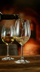 Close-up of white wine pouring into glass , old cellar environment