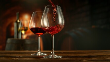 Close-up of red wine pouring into glass , old cellar environment