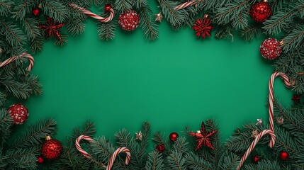 Festive christmas wreath border with red ornaments and candy canes on a green background