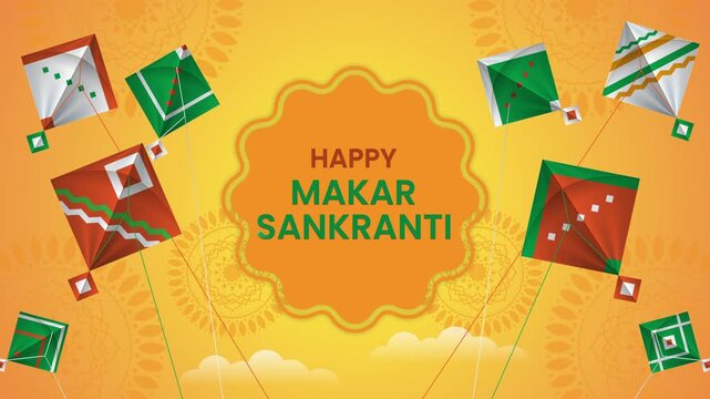 Happy Makar Sankranti Template. A yellow, vibrant background with kites flying high.