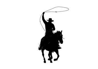 high-contrast, jet-black silhouette of a classic cowboy on a powerfully galloping horse, swinging a looping lasso, top-down view on transparent, minimalist depiction of rodeo action